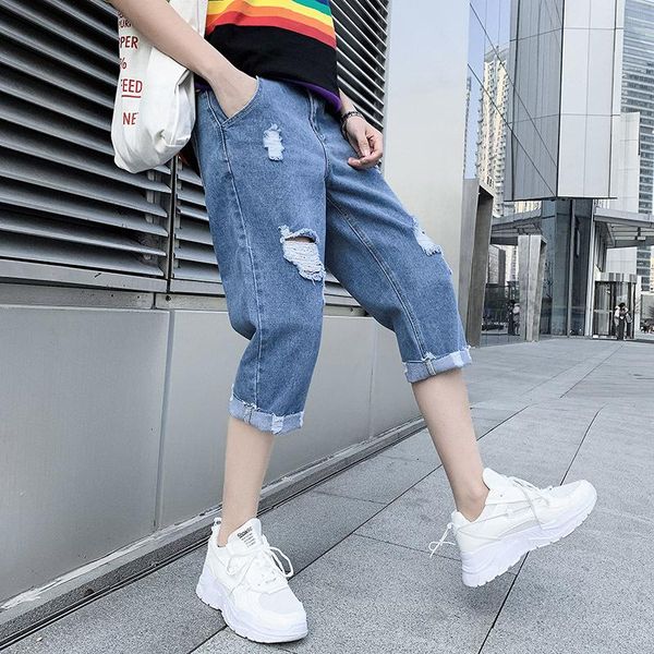 men's jeans capris perforated denim shorts fashion korean casual wear loose wide leg beggars' lace pants, Blue
men's jeans capris perforated denim shorts fashion korean casual wear loose wide leg beggars' lace pants, Blue