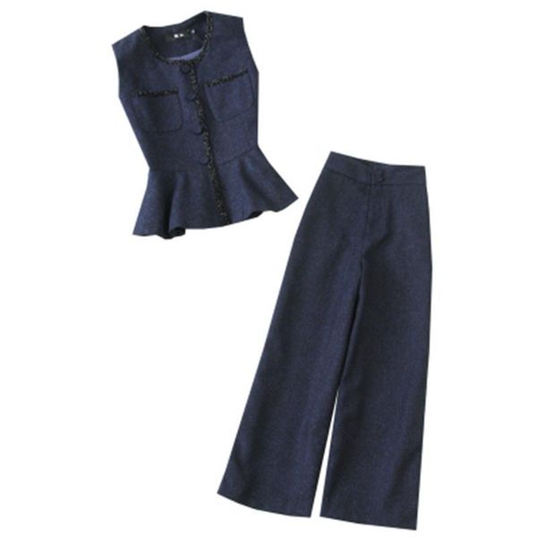 women's tracksuits fashion spring navy blue lotus leaf small scented wind vest + high waist wide leg 9-point pants faux woolen suit wom, Gray
women's tracksuits fashion spring navy blue lotus leaf small scented wind vest + high waist wide leg 9-point pants faux woolen suit wom, Gray