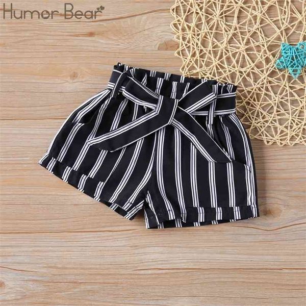 girls shorts summer pants black and white stripes + belt baby cotton 210611