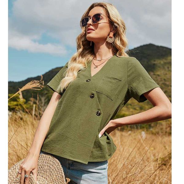 women's t-shirt 2021 summer product short-sleeve casual v collar irregular oblique buckle pocket female pullover fashion, White
women's t-shirt 2021 summer product short-sleeve casual v collar irregular oblique buckle pocket female pullover fashion, White