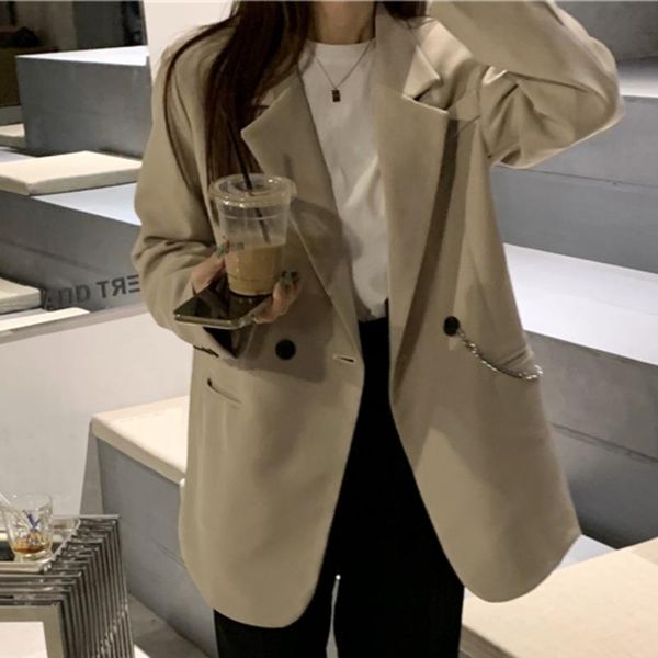 vintage long sleeve loose suit coat jacket female chain women's spring 2021 solid double-breasted pocket outerwear blazers suits, White;black
vintage long sleeve loose suit coat jacket female chain women's spring 2021 solid double-breasted pocket outerwear blazers suits, White;black