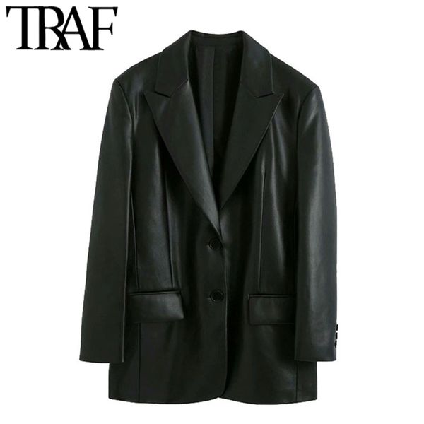 women fashion faux leather loose blazers coat vintage long sleeve pockets back vents female outerwear chic 210507, White;black
women fashion faux leather loose blazers coat vintage long sleeve pockets back vents female outerwear chic 210507, White;black