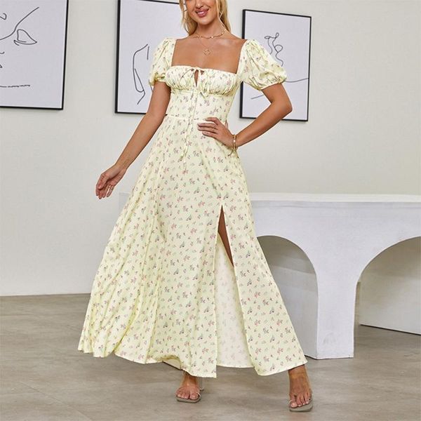 party dresses split floral print dress summer puff sleeve square collar high waist a line women casual lace up maxi 2021, White;black
party dresses split floral print dress summer puff sleeve square collar high waist a line women casual lace up maxi 2021, White;black