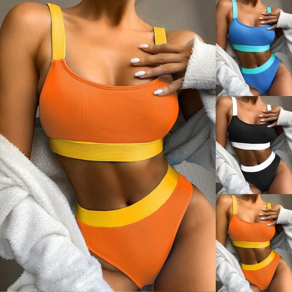 women's swimwear high waist bikinis solid 2021 swimsuits bandeau women splicing biquini beachwear sports ribbed bathing suits, White;black
women's swimwear high waist bikinis solid 2021 swimsuits bandeau women splicing biquini beachwear sports ribbed bathing suits, White;black