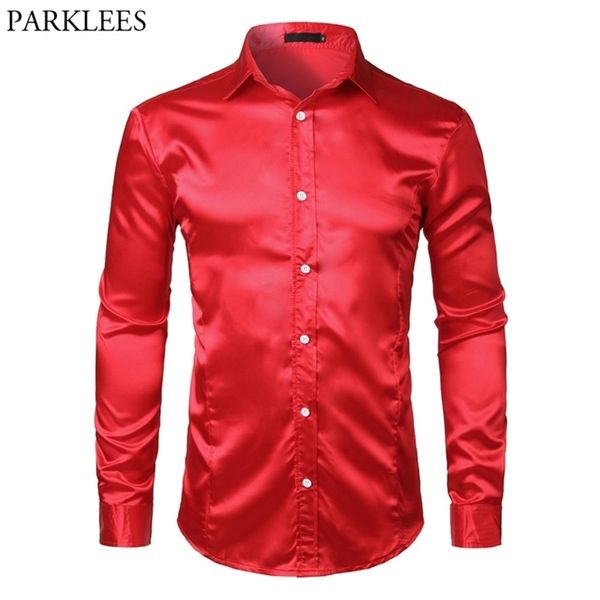 men's slim fit silk satin dress shirts wedding groom stage prom men long sleeve button down male chemise homme red 210626, White;black
men's slim fit silk satin dress shirts wedding groom stage prom men long sleeve button down male chemise homme red 210626, White;black