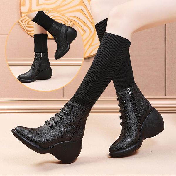 dress shoes women's autumn boots 2021 fashion stretch fabric sock pointed toe platform slope heel mid-calf black rubber
dress shoes women's autumn boots 2021 fashion stretch fabric sock pointed toe platform slope heel mid-calf black rubber