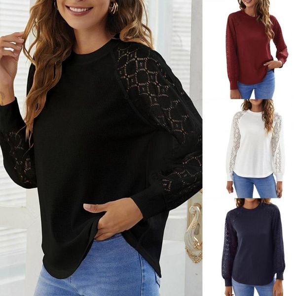 women's blouses & shirts solid color women blouse lace patchwork long sleeve for round neck waffle pullover streetwear, White
women's blouses & shirts solid color women blouse lace patchwork long sleeve for round neck waffle pullover streetwear, White