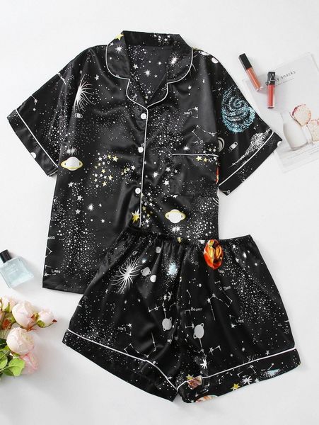 plus satin galaxy print contrast piping pajama set b1wk#, Black;white
plus satin galaxy print contrast piping pajama set b1wk#, Black;white