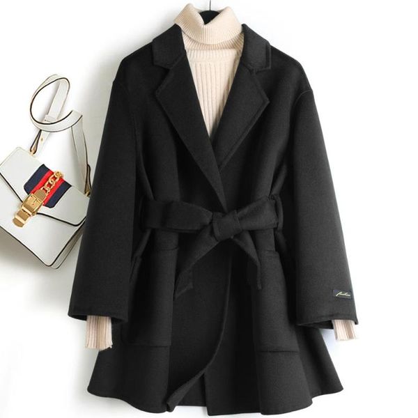 women's wool & blends 2021 autumn and winter hand-sewn double-sided solid color suit collar loose mid-length lace-up jacket women b153, Black
women's wool & blends 2021 autumn and winter hand-sewn double-sided solid color suit collar loose mid-length lace-up jacket women b153, Black