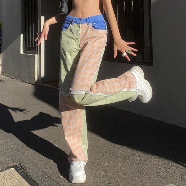 women's jeans print plaid stacked straight trousers patchwork vintage high waist spring autumn fashion harajuku streetwear, Blue
women's jeans print plaid stacked straight trousers patchwork vintage high waist spring autumn fashion harajuku streetwear, Blue