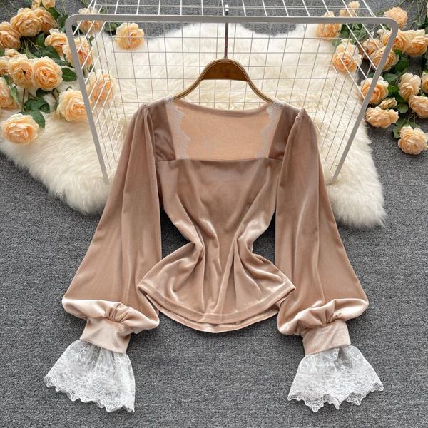 women's blouses & shirts b429 women autumn fashion korean chic lace mesh splicing square neck long sleeve retro velvet shirt solid colo, White
women's blouses & shirts b429 women autumn fashion korean chic lace mesh splicing square neck long sleeve retro velvet shirt solid colo, White