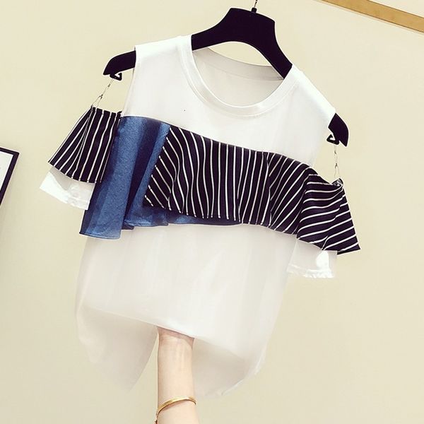 t shirt summer woman's korean splicing striped ruffled round neck short sleeve off-the-shoulder t-shirt ladies tee, White
t shirt summer woman's korean splicing striped ruffled round neck short sleeve off-the-shoulder t-shirt ladies tee, White
