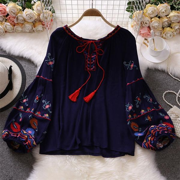 women's blouses & shirts autumn korea women blouse indie folk embroidery drawstring tassel o-neck lantern sleeve loose female blusa ca, White
women's blouses & shirts autumn korea women blouse indie folk embroidery drawstring tassel o-neck lantern sleeve loose female blusa ca, White