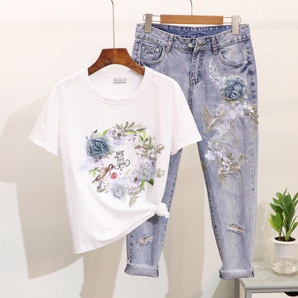 women's two piece pants amolapha women heavy work 3d flower printed cotton tshirts+ jeans 2 pieces clothing sets suits, White
women's two piece pants amolapha women heavy work 3d flower printed cotton tshirts+ jeans 2 pieces clothing sets suits, White