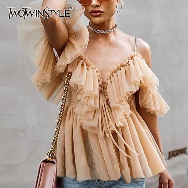 twotyle elegant t shirt for women v neck off shoulder tunic mesh bandage female fashion summer clothes 210608, White
twotyle elegant t shirt for women v neck off shoulder tunic mesh bandage female fashion summer clothes 210608, White