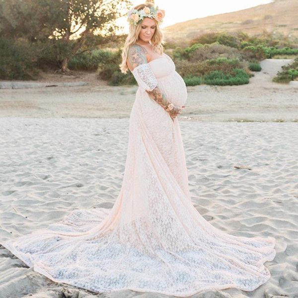 

maternity dresses long lace dress for po shoot pregnant pography props off shoulder ruffles fancy pregnancy party gown, White