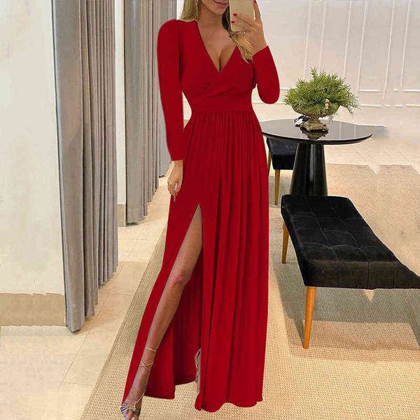 elegant long sleeve slim party maxi dress spring autumn fashion office pleat women dress deep v-neck high split solid dress y1204, Black;gray
elegant long sleeve slim party maxi dress spring autumn fashion office pleat women dress deep v-neck high split solid dress y1204, Black;gray