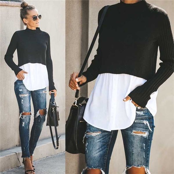 gaoke autumn winter black knit sweater women patchwork long sleeve button pullover jumper 211018, White;black
gaoke autumn winter black knit sweater women patchwork long sleeve button pullover jumper 211018, White;black
