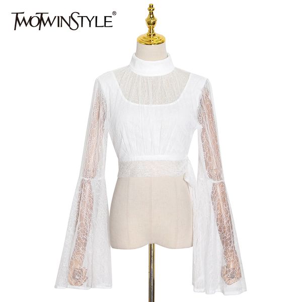 twotwinstyle patchwork lace short blouse for women stand collar flare long sleeve see through shirt female fashion clothing 210517, White
twotwinstyle patchwork lace short blouse for women stand collar flare long sleeve see through shirt female fashion clothing 210517, White