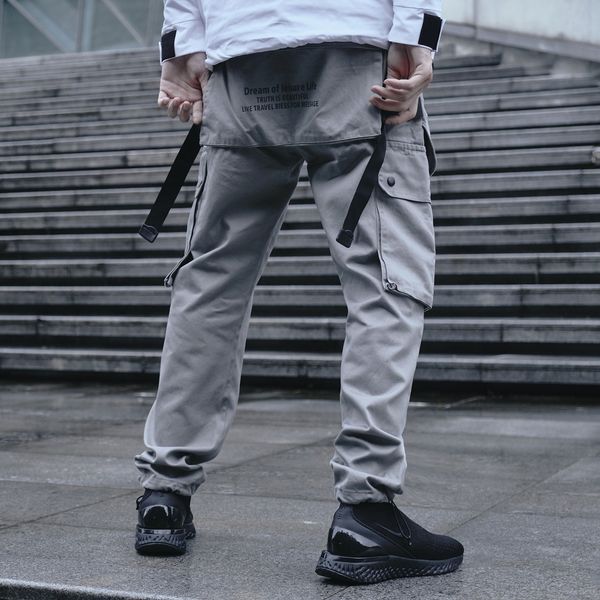 pants ribbons men black pocket streetwear harajuku techwear hip hop trousers joggers sweatpants 6ekf
