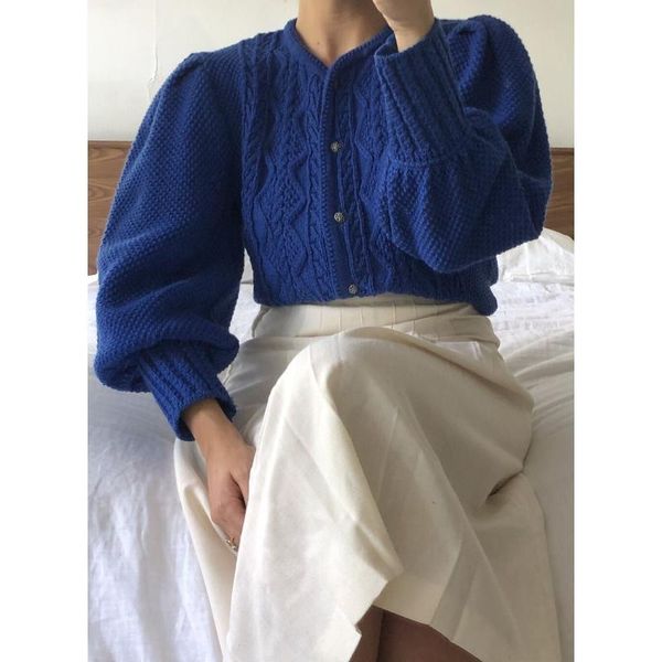women's knits & tees women sweater french vintage lantern sleeve cable knit cardigan, White
women's knits & tees women sweater french vintage lantern sleeve cable knit cardigan, White