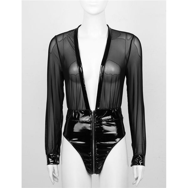 women sheer mesh patent leather patchwork plunging v-neck long sleeve zipper leotard bodysuits nightclub party rave clothes, Black;white
women sheer mesh patent leather patchwork plunging v-neck long sleeve zipper leotard bodysuits nightclub party rave clothes, Black;white