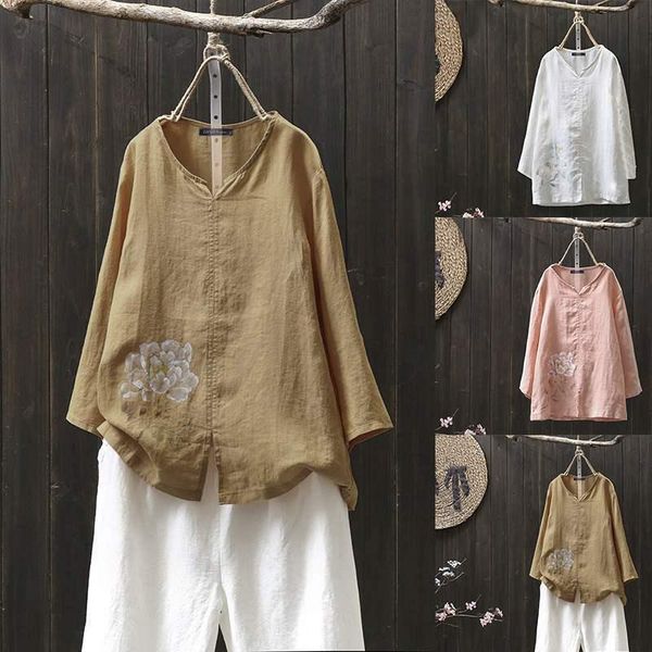 t shirts spring summer women long sleeve loose casual v-neck tee shirt femme cotton linen flower print tshirt plus size s980 6e1q, White
t shirts spring summer women long sleeve loose casual v-neck tee shirt femme cotton linen flower print tshirt plus size s980 6e1q, White