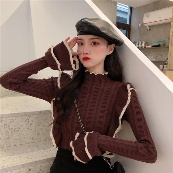 half high neck women sweater strip lotus sleeve solid slim female pullover women's sweaters, White;black
half high neck women sweater strip lotus sleeve solid slim female pullover women's sweaters, White;black