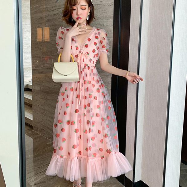 casual dresses summer runway drill strawberry dress women sweet long flare sleeve v-neck empire lace-up sheer mesh holiday pink lady, Black;gray
casual dresses summer runway drill strawberry dress women sweet long flare sleeve v-neck empire lace-up sheer mesh holiday pink lady, Black;gray