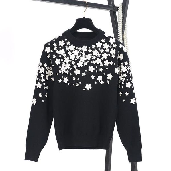 women's sweaters tunjuefs white leather flower beading sweater woman jumper elegant jersey runway pullover long sleeve knitted office, White;black 
women's sweaters tunjuefs white leather flower beading sweater woman jumper elegant jersey runway pullover long sleeve knitted office, White;black