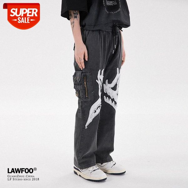 lawfoo chinese men's clothing washed patch trousers casual jeans #5o75, Black