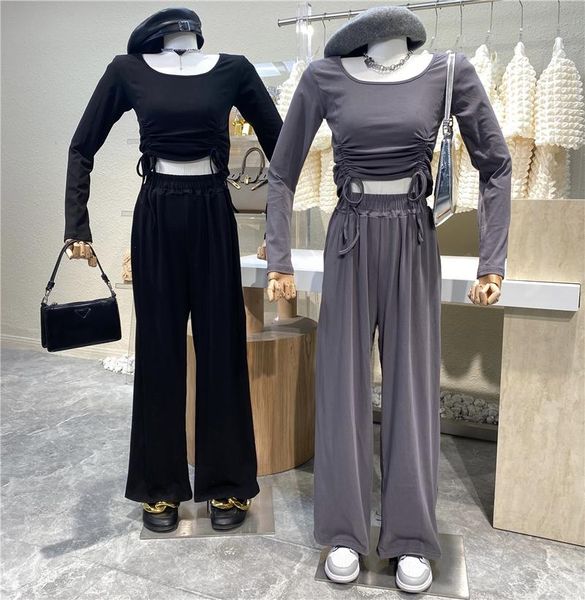 women's two piece pants pleated long sleeve round neck slim exposed navel t-shirt + high waist hanging loose casual wide leg floor suit, White
women's two piece pants pleated long sleeve round neck slim exposed navel t-shirt + high waist hanging loose casual wide leg floor suit, White