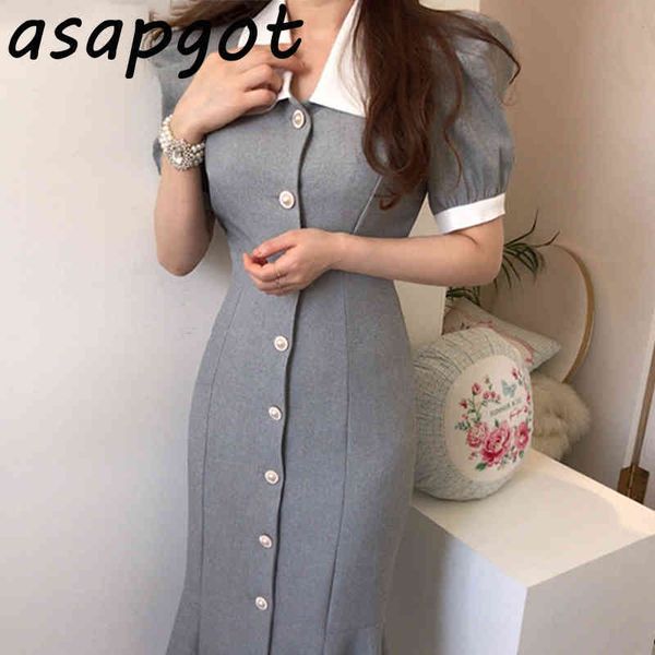 chic korean slim summer elegant puff short sleeve turn down collar contrast single breasted mermaid dress women vestido 210429, Black;gray
chic korean slim summer elegant puff short sleeve turn down collar contrast single breasted mermaid dress women vestido 210429, Black;gray