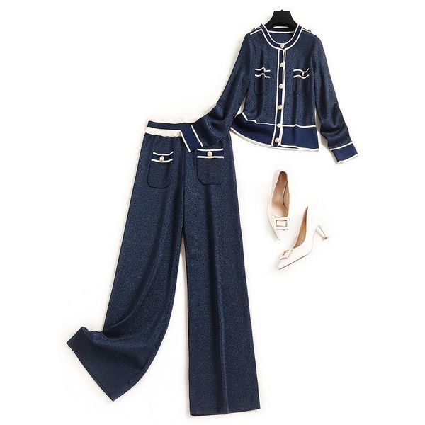 women's two piece pants 2021 autumn winter women knitted suit lurex single breasted slim cardigans wide leg casual set, White
women's two piece pants 2021 autumn winter women knitted suit lurex single breasted slim cardigans wide leg casual set, White