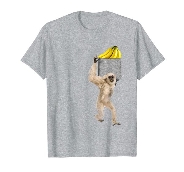 gibbon monkey reaching for banana in fake pocket t-shirt, White;black
gibbon monkey reaching for banana in fake pocket t-shirt, White;black