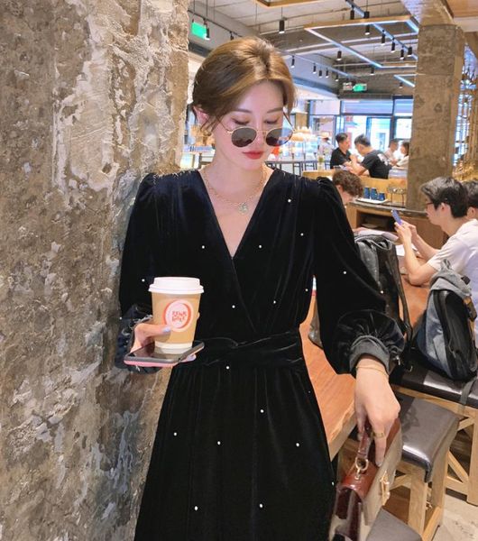 fall spring v-neck velvet dress black solid beading pearl long sleeve mini chic elegant party casual dresses, Black;gray
fall spring v-neck velvet dress black solid beading pearl long sleeve mini chic elegant party casual dresses, Black;gray
