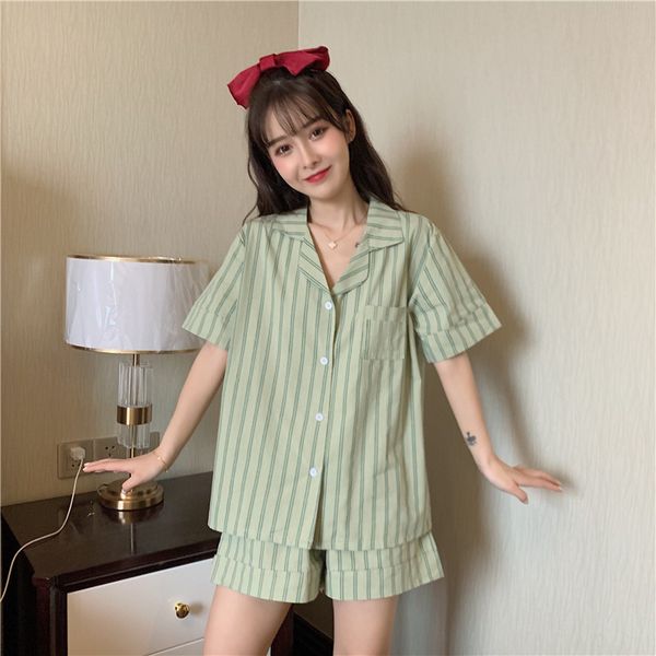 women's sleepwear summer cotton pijamas women fresh striped short-sleeved shorts pajamas suit girl's home wear korean casual femal, Black;red
women's sleepwear summer cotton pijamas women fresh striped short-sleeved shorts pajamas suit girl's home wear korean casual femal, Black;red
