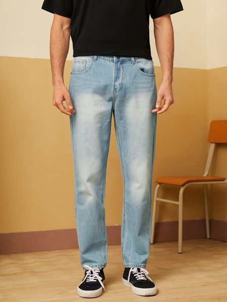 men bleach wash tapered jeans s6cq#, Blue