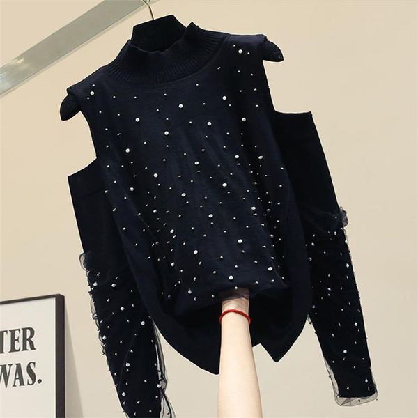 women's sweaters off shoulder pearls mesh patchwork sweater women loose lazy pullover 2021 autumn and winter black white, White;black
women's sweaters off shoulder pearls mesh patchwork sweater women loose lazy pullover 2021 autumn and winter black white, White;black