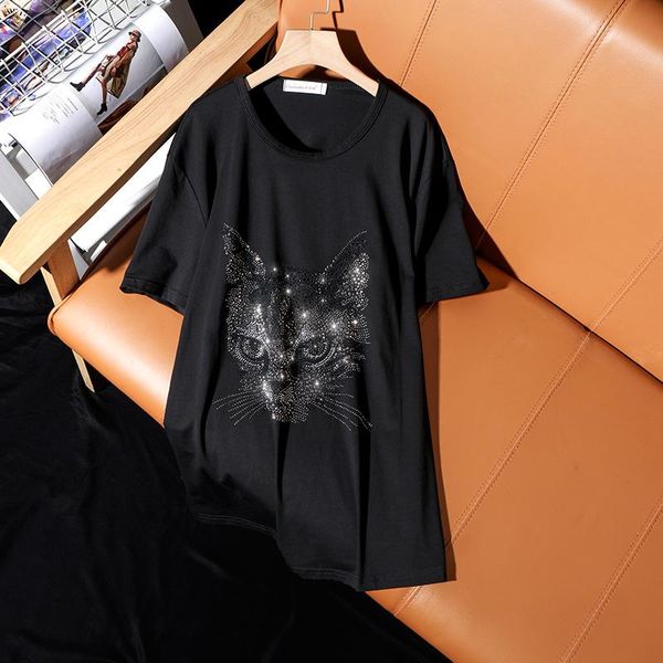 fashion loose plus size short-sleeve t-shirt for women casual personality cat pattern diamond female tx139 women's, White 
fashion loose plus size short-sleeve t-shirt for women casual personality cat pattern diamond female tx139 women's, White