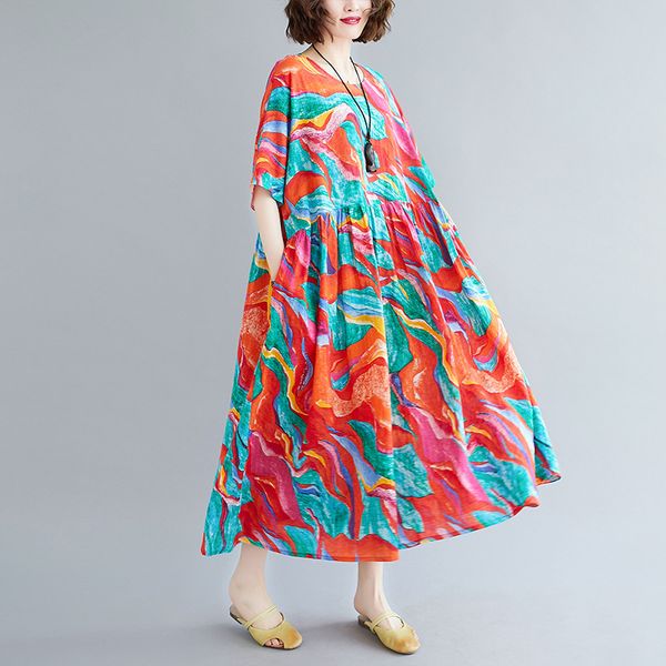 johnature summer o-neckplus size retro print flower dress loose comfortable half sleeve women vintage casual dresses 210521, Black;gray
johnature summer o-neckplus size retro print flower dress loose comfortable half sleeve women vintage casual dresses 210521, Black;gray