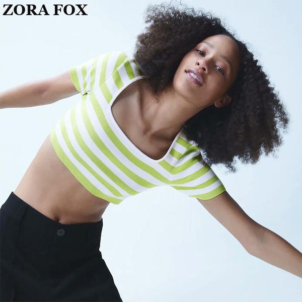 women's t-shirt zora women knitted with square collar striped print half sleeve crop tee green top, White
women's t-shirt zora women knitted with square collar striped print half sleeve crop tee green top, White