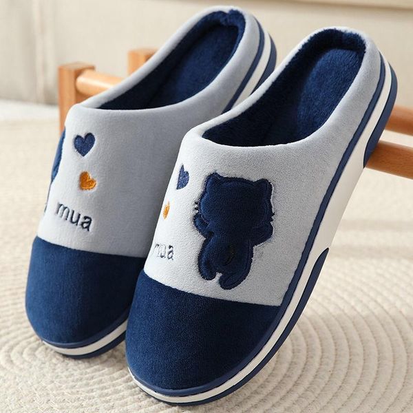 fashion korean cotton slippers indoor ladies home couple warm shoes plus velvet non-slip, Black