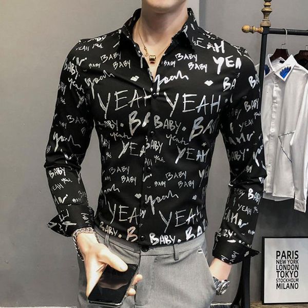 men's dress shirts fashion letter bronzing slim shirt nightclub outfit camisa social masculina streetwear men casual british style 2021, White;black
men's dress shirts fashion letter bronzing slim shirt nightclub outfit camisa social masculina streetwear men casual british style 2021, White;black