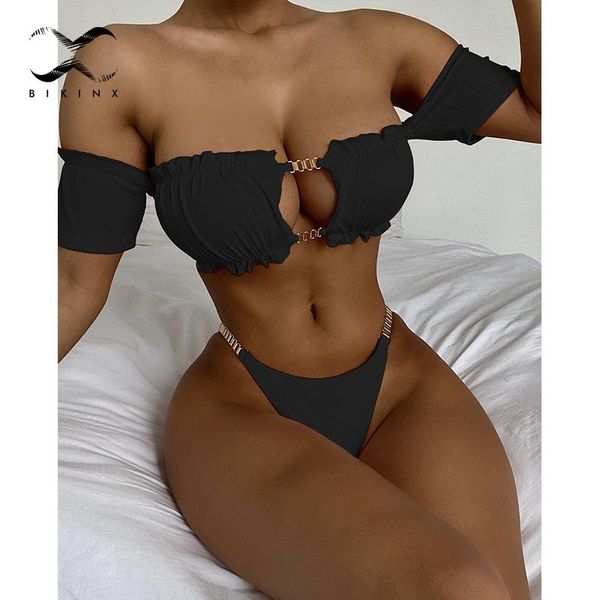 women's swimwear chain bandeau bikini set hollow out swimsuit women solid ruffle swimming suit high cut retro ribbed bathing, White;black
women's swimwear chain bandeau bikini set hollow out swimsuit women solid ruffle swimming suit high cut retro ribbed bathing, White;black