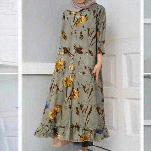casual dresses o-neck ruffle hem midi dress women floral print button up party ladies clothing, Black;gray
casual dresses o-neck ruffle hem midi dress women floral print button up party ladies clothing, Black;gray