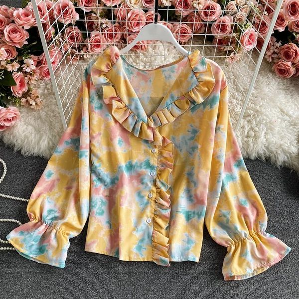 women's blouses & shirts spring autumn retro trumpet sleeve single-breasted tie-dye printed v-neck shirt with ruffled temperament loose, White
women's blouses & shirts spring autumn retro trumpet sleeve single-breasted tie-dye printed v-neck shirt with ruffled temperament loose, White