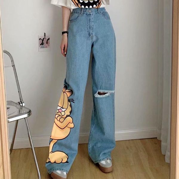 women's jeans diyig woman spring retro cartoon garfield loose hole design straight pants, Blue
women's jeans diyig woman spring retro cartoon garfield loose hole design straight pants, Blue