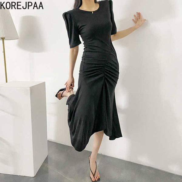 korejpaa women dress summer korean chic minimalist temperament round neck pleated slimming slit irregular fishtail vestidos 210526, Black;gray
korejpaa women dress summer korean chic minimalist temperament round neck pleated slimming slit irregular fishtail vestidos 210526, Black;gray