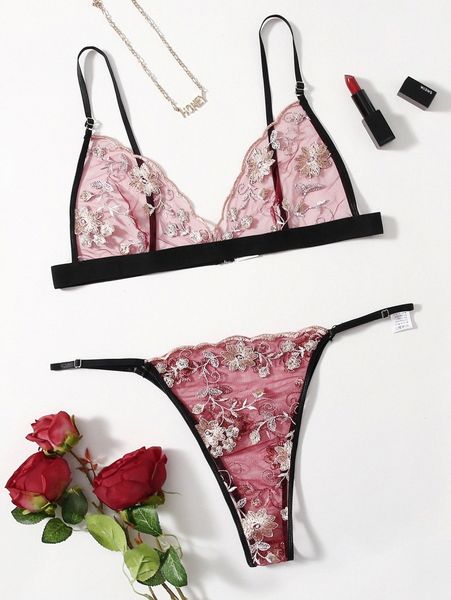 plus embroidered mesh lingerie set l6ho#, Black;white